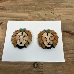 Vintage Lee Sands Lion Earrings Shell Stone Mosaic Lion Face Post Earrings 1980'